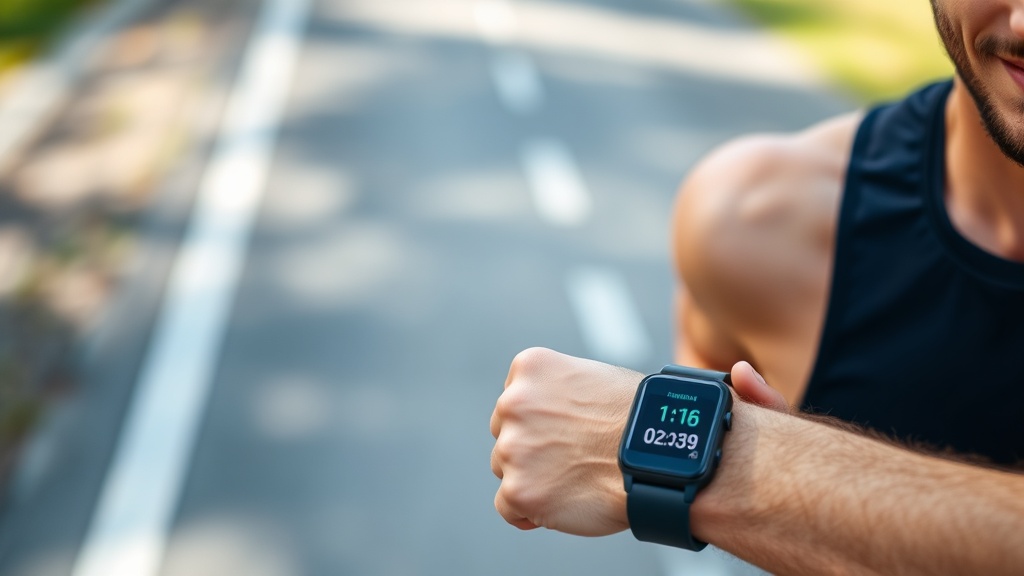 러닝 워치에 표시된 케이던스 수치를 확인하며 달리는 모습