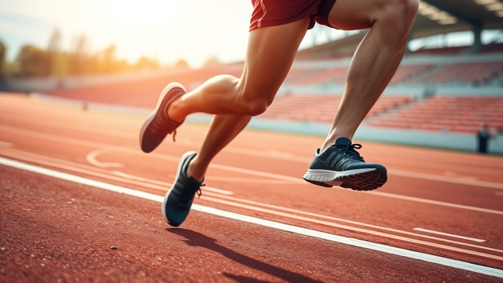 트랙 위를 달리는 러너의 발과 다리 움직임을 포착한 장면